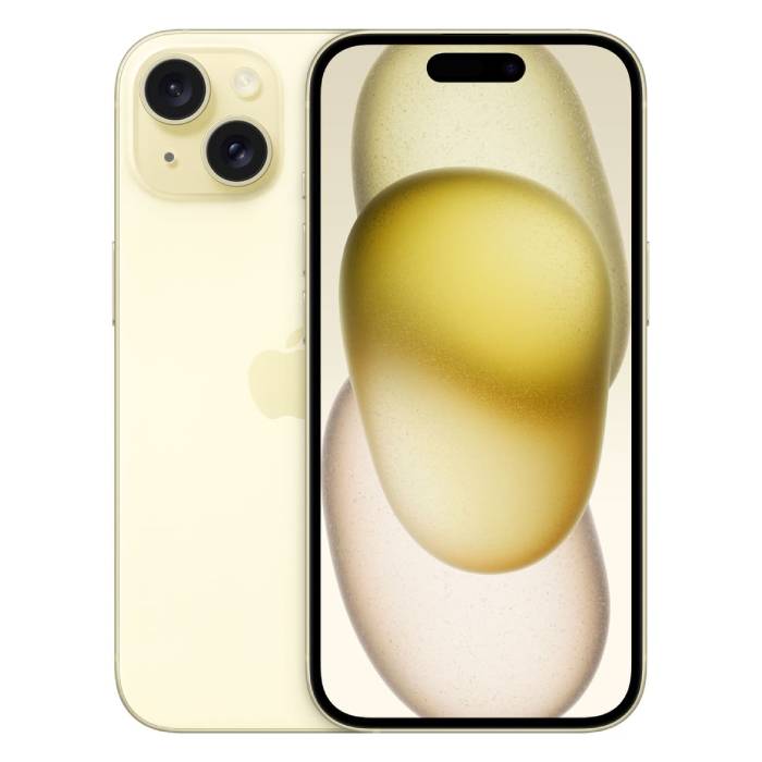 De Apple iPhone 15 in de kleur geel is een ...